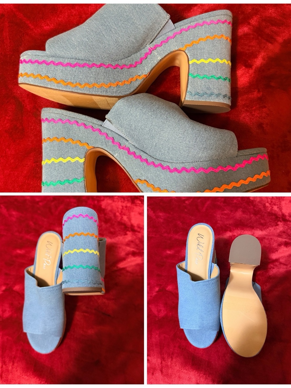Wild Pair Denim Blue Platform Mules with Pink Orange Yellow Green Trim